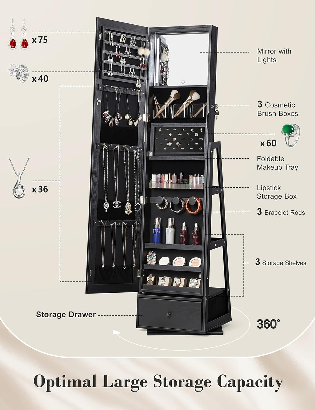 Black Swivel Lighted Jewelry Mirror Cabinet