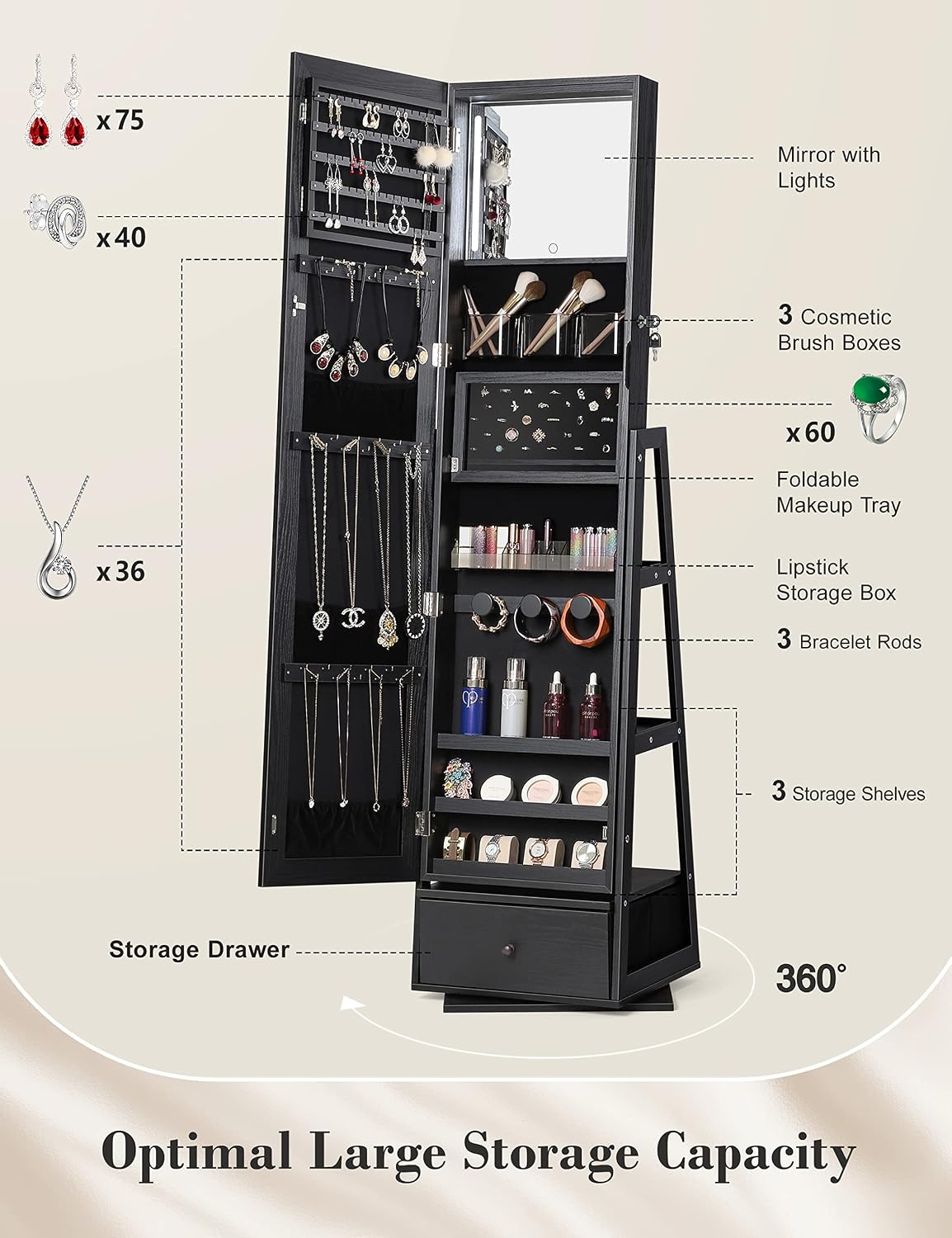 Black Swivel Lighted Jewelry Mirror Cabinet