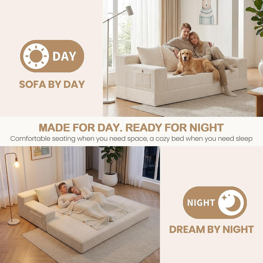 Beige Corduroy Convertible 3 Seater Sofa Bed