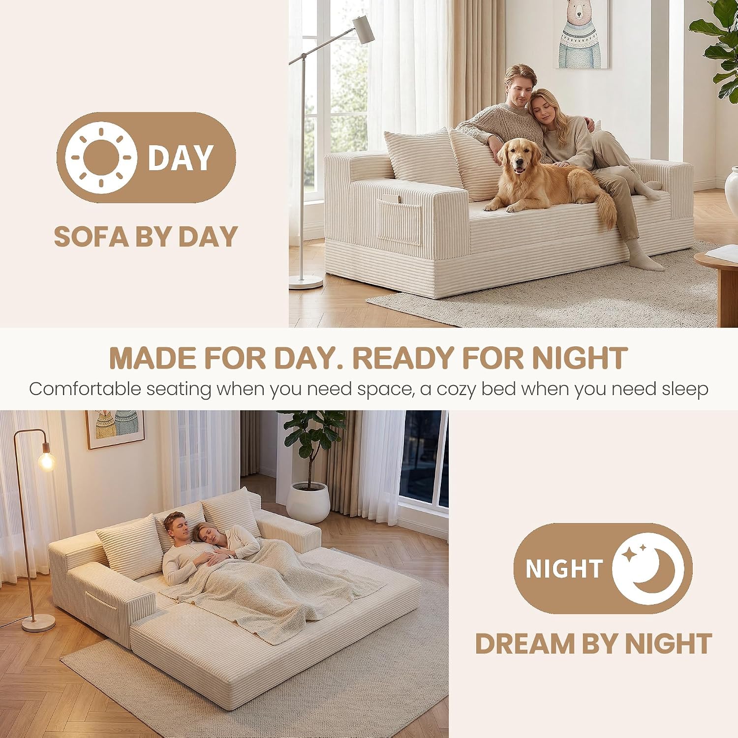Beige Corduroy Convertible 3 Seater Sofa Bed