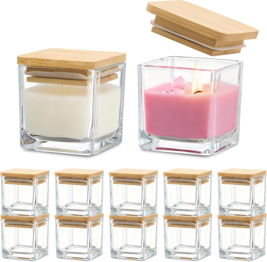 12 Pack Square Clear Glass Jars Bamboo Lids
