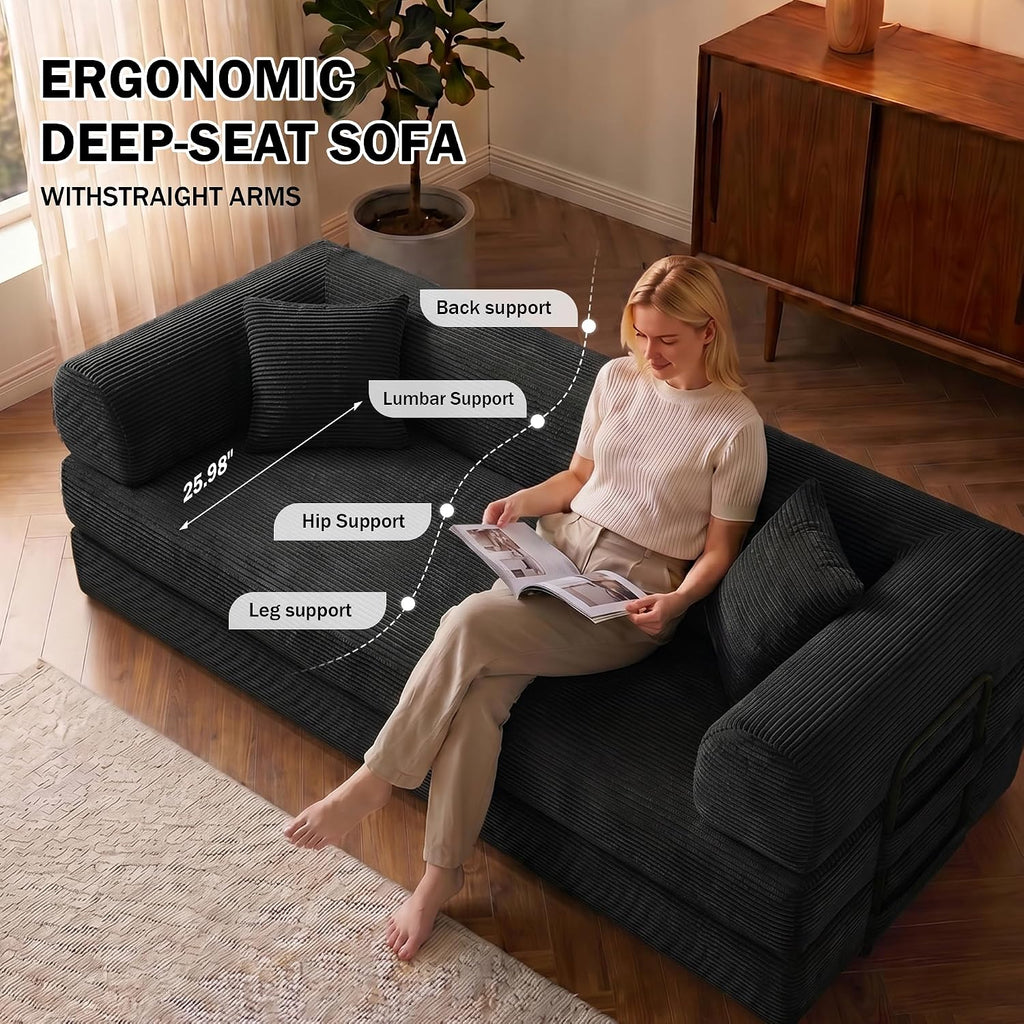 Black Corduroy 5-in-1 Convertible Floor Sofa Bed