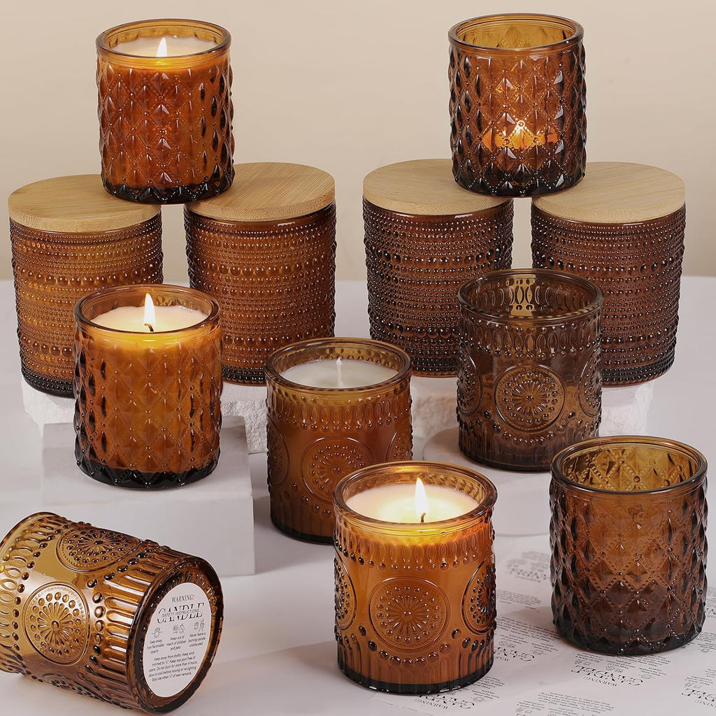 12 Pack Amber Glass Candle Jars Bamboo Lids