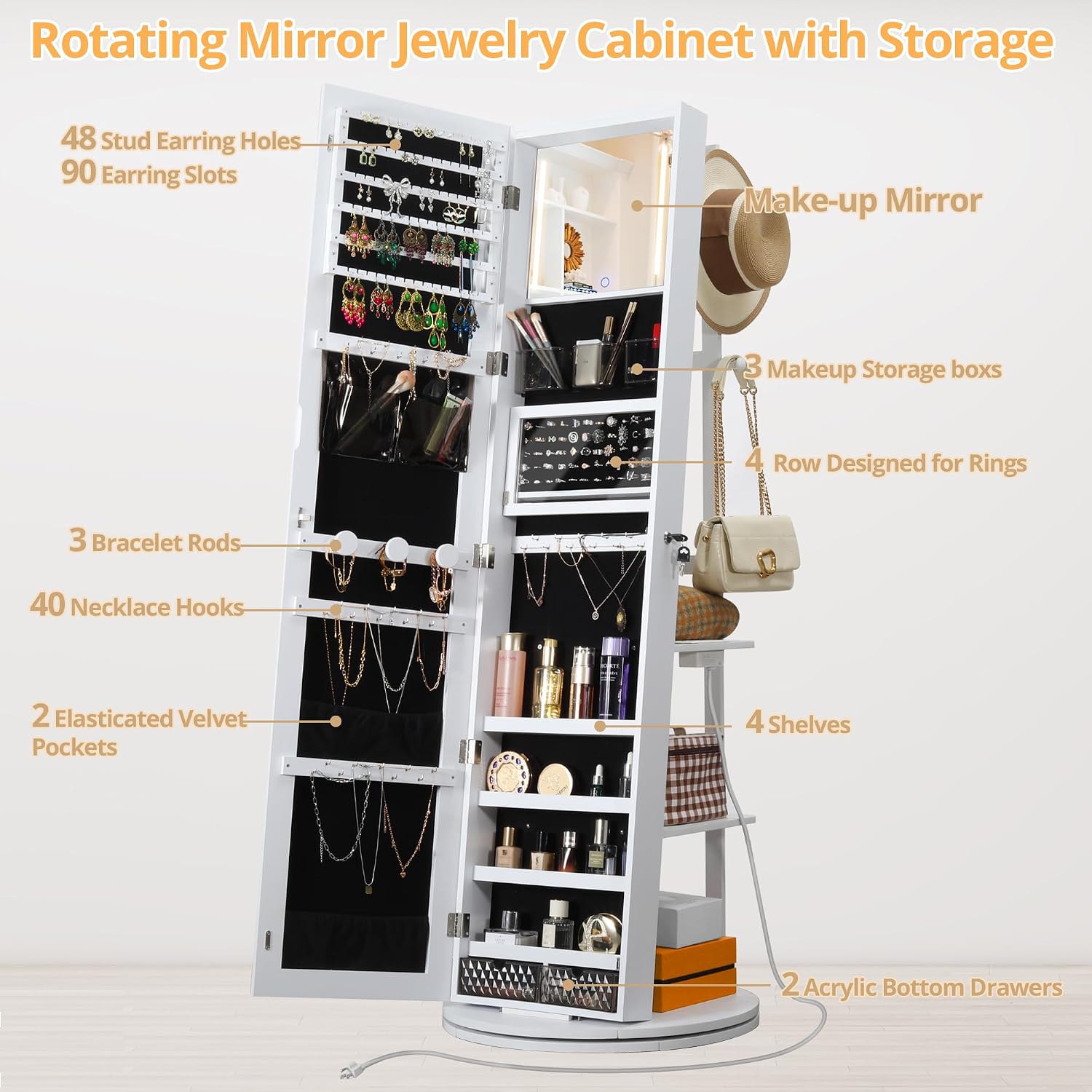 White Swivel LED Jewelry Mirror Cabinet