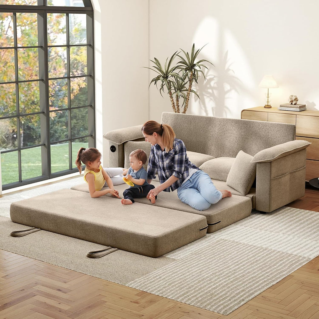 Khaki Chenille Convertible Sofa Bed