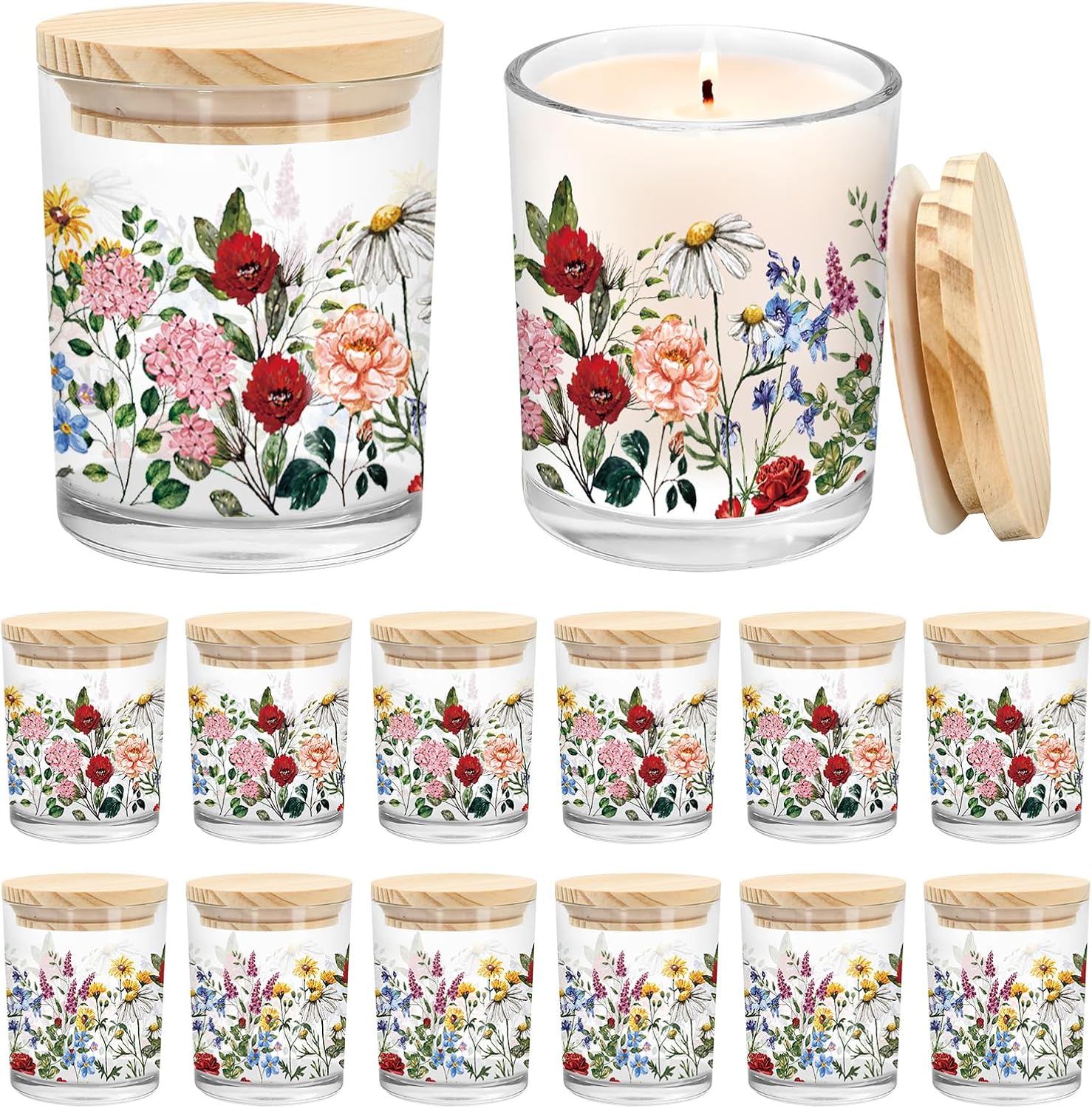 12Pcs Wildflower Empty Candle Jar Wooden Lid