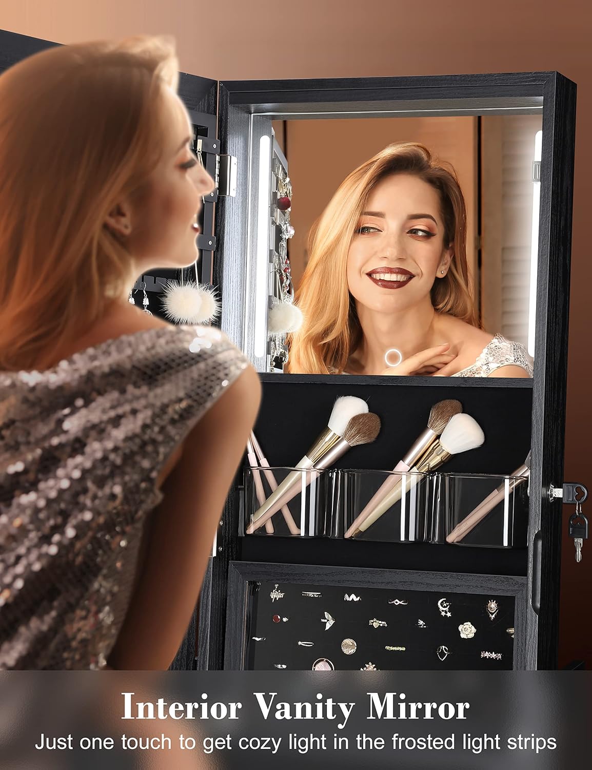 Black Swivel Lighted Jewelry Mirror Cabinet