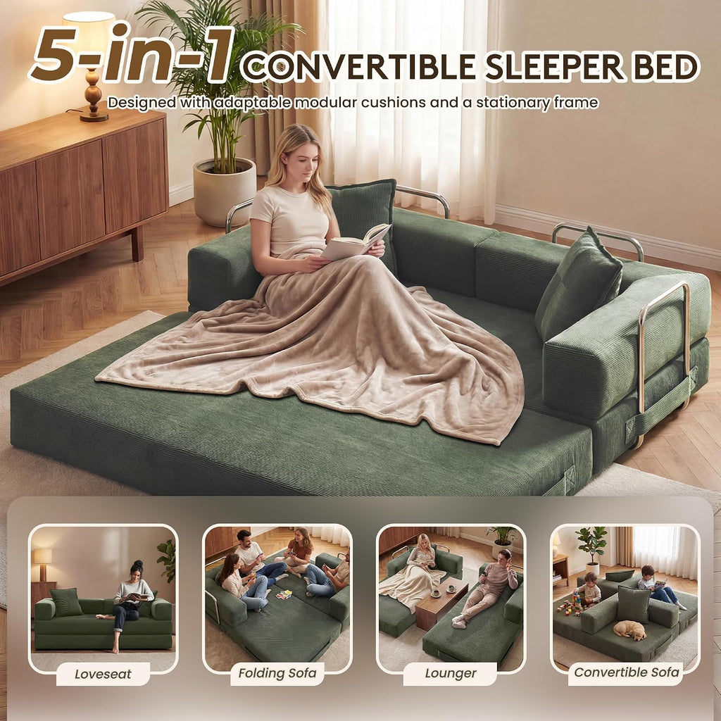 Green Corduroy 5-in-1 Convertible Sofa Bed