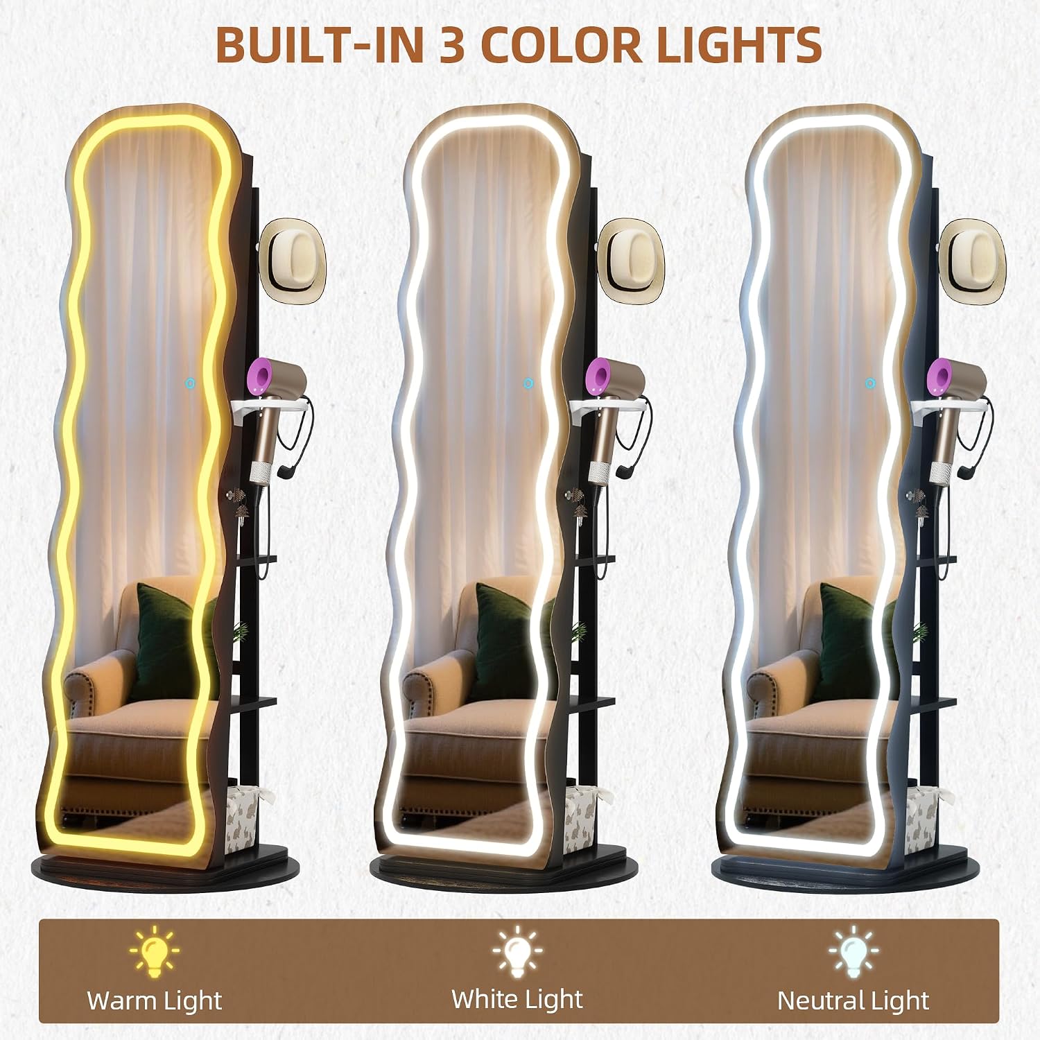 Black Swivel LED Jewelry Mirror Cabinet