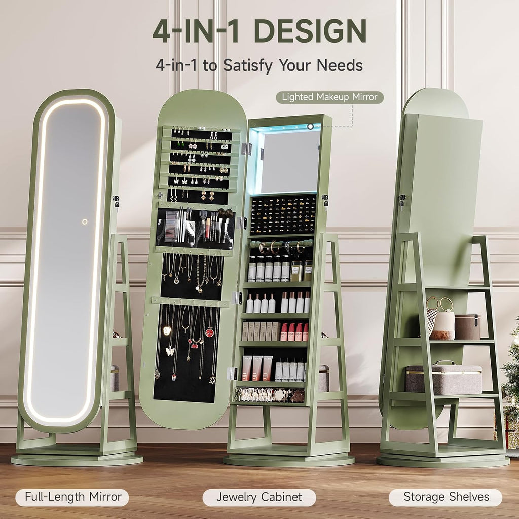 Green Swivel LED Jewelry Mirror Cabinet