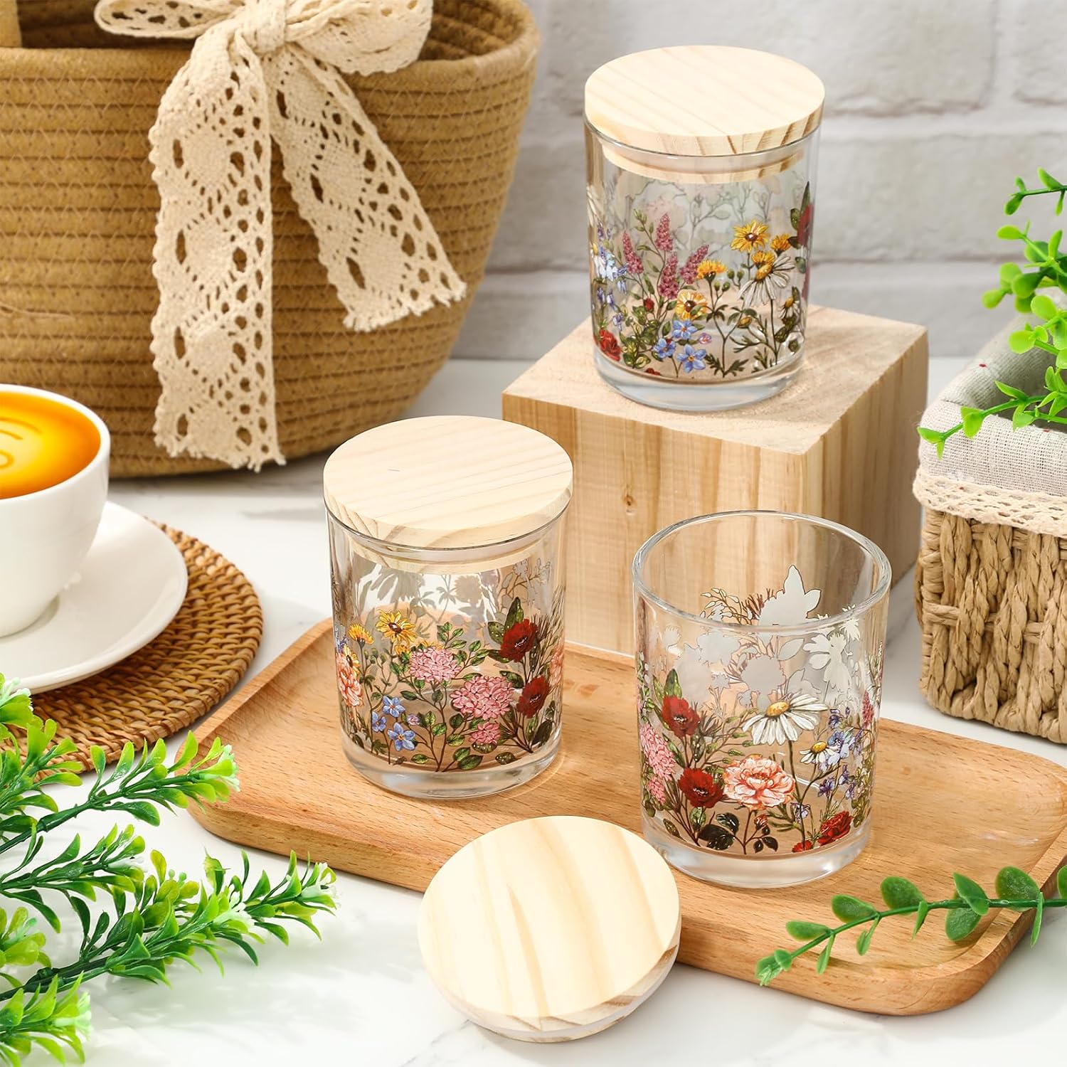 12Pcs Wildflower Empty Candle Jar Wooden Lid