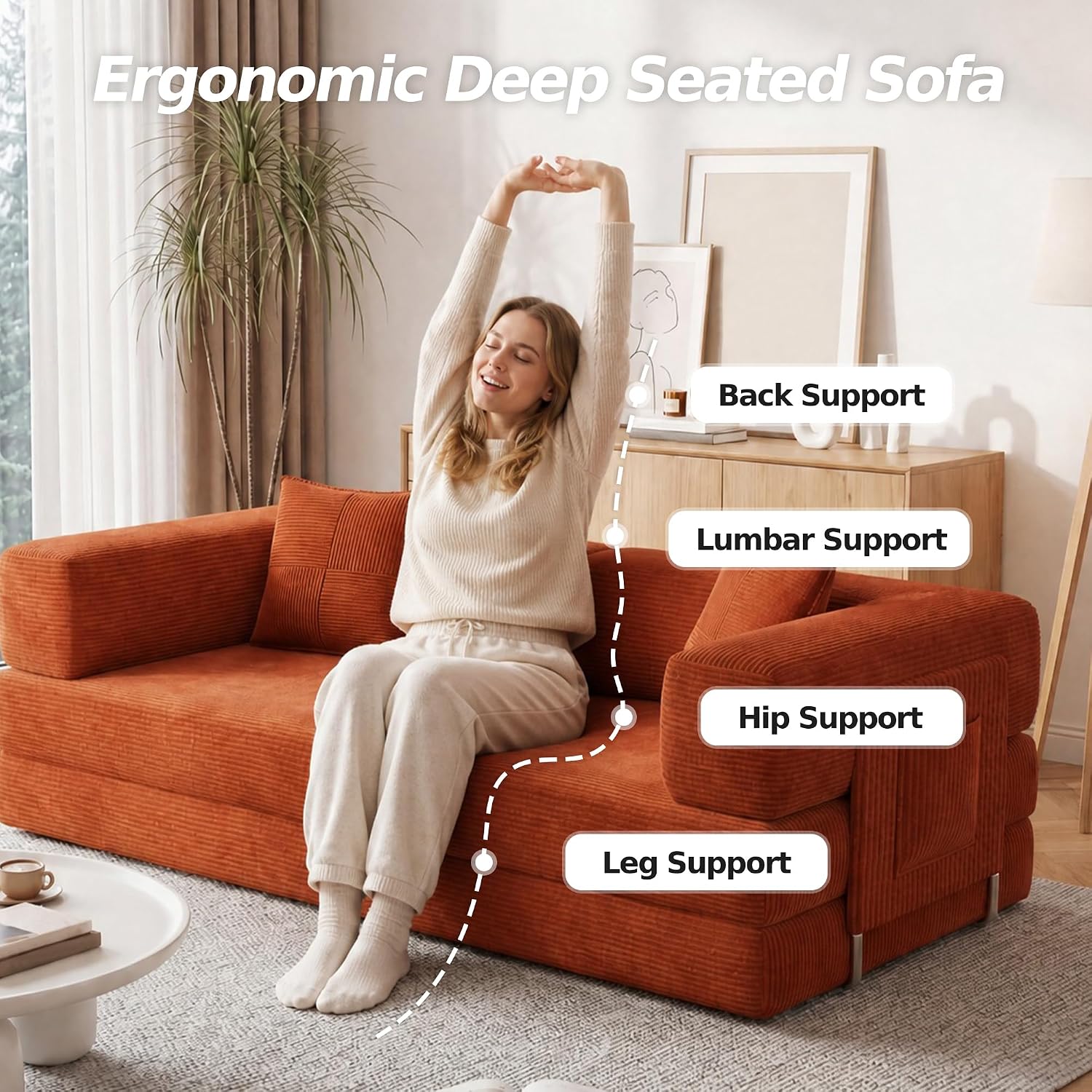 Orange Foldable Corduroy Floor Sofa Bed