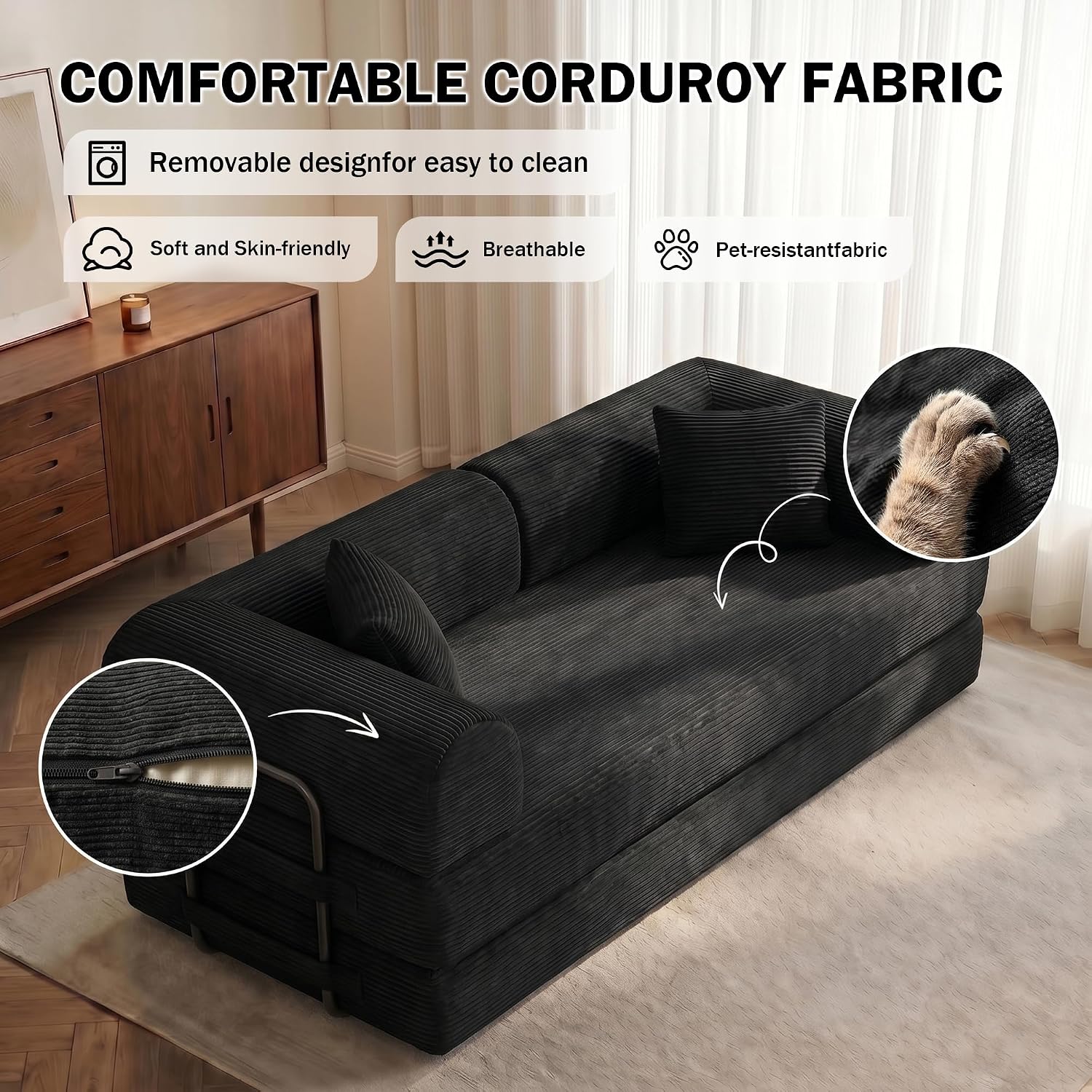 Black Corduroy 5-in-1 Convertible Floor Sofa Bed