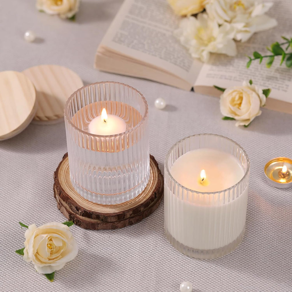 8Pcs Ribbed Clear Glass Candle Jars Wood Lids