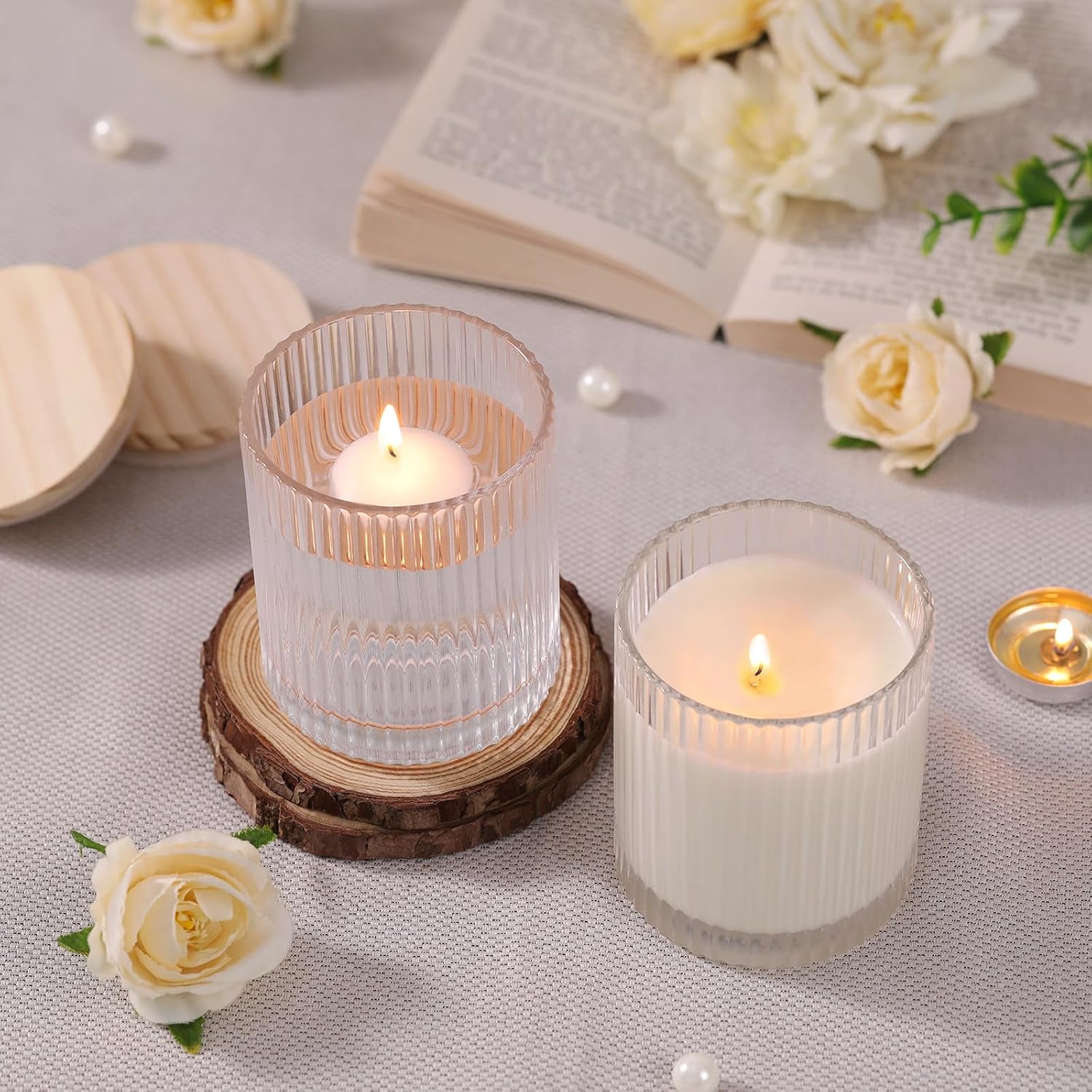 8Pcs Ribbed Clear Glass Candle Jars Wood Lids