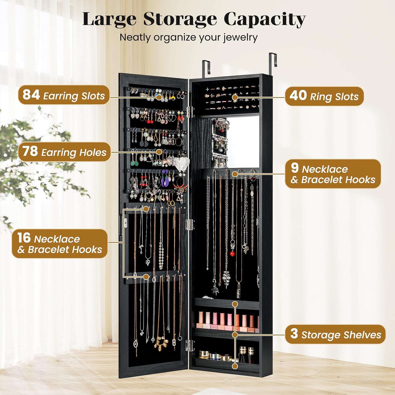 Black Wall Mount Jewelry Mirror Cabinet