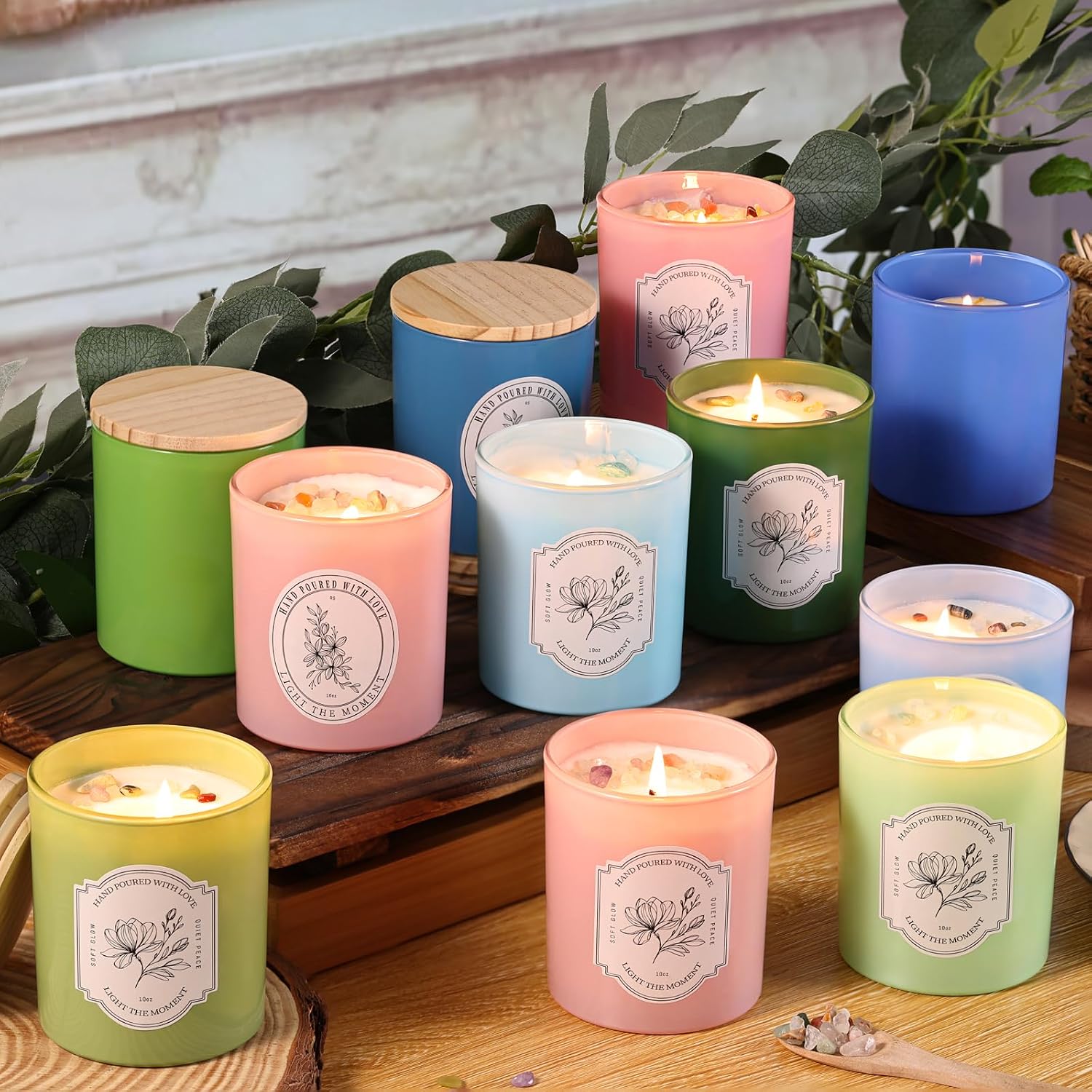 12Pcs Green Glass Candle Jars Wooden Lids