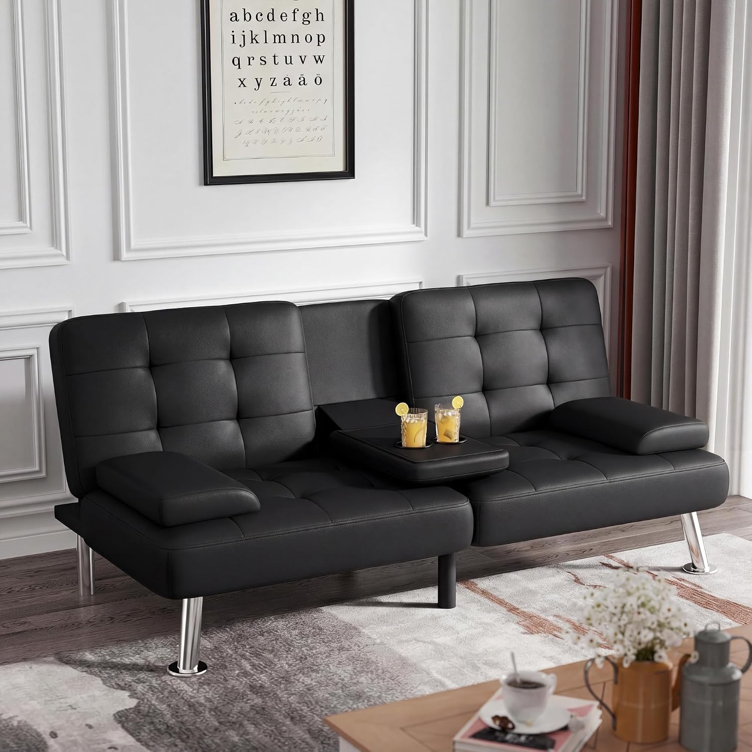 Black PU Leather Convertible Futon Sofa Bed