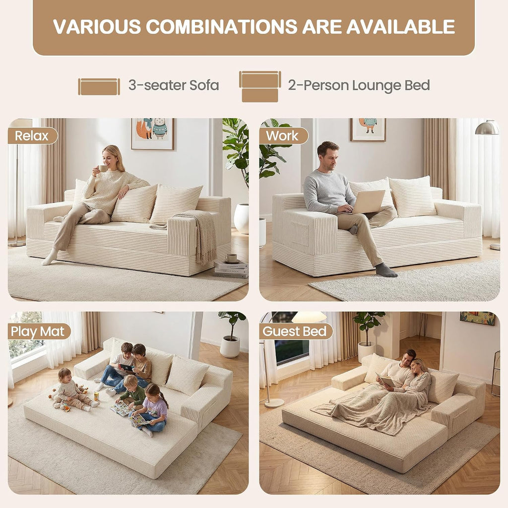 Beige Corduroy Convertible 3 Seater Sofa Bed