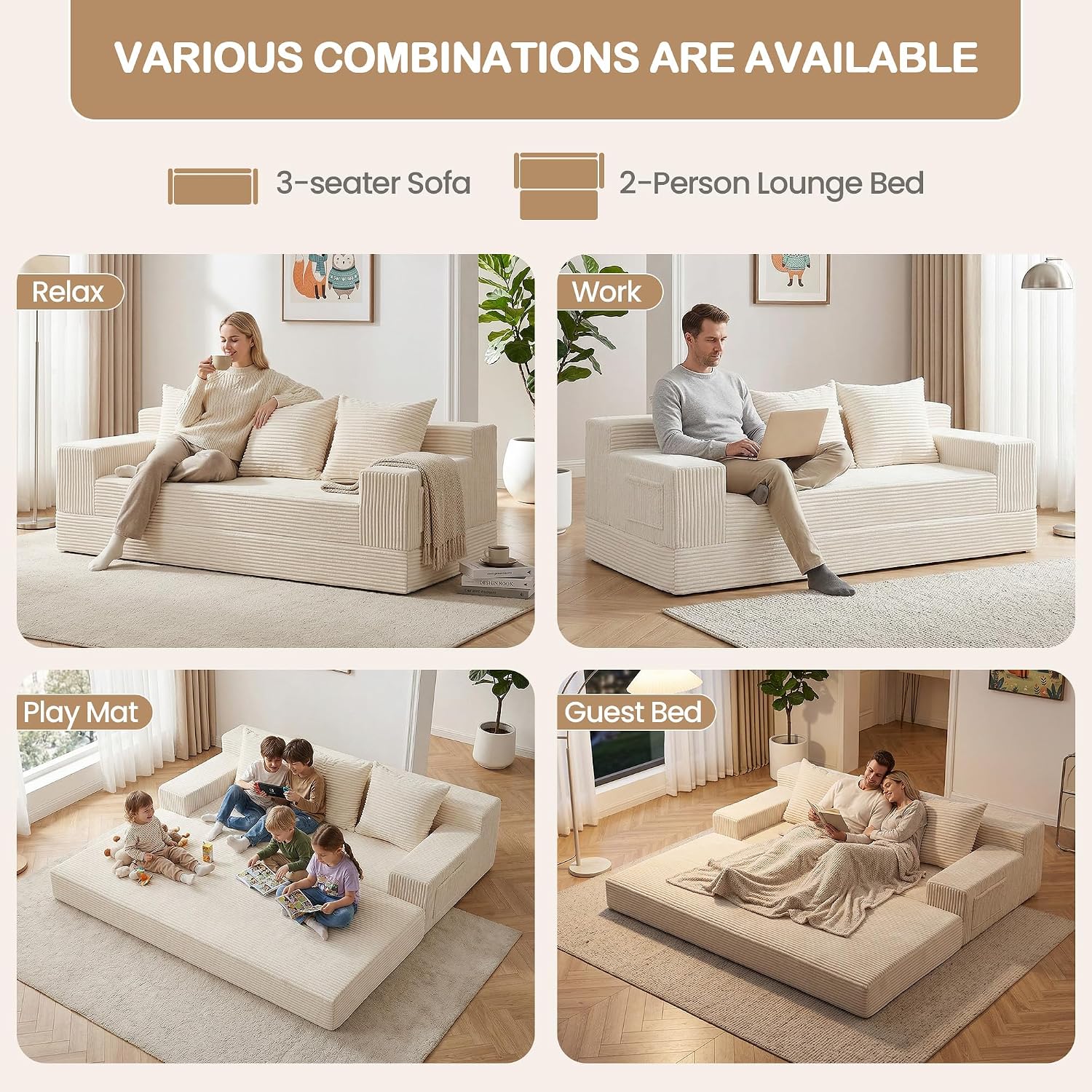 Beige Corduroy Convertible 3 Seater Sofa Bed