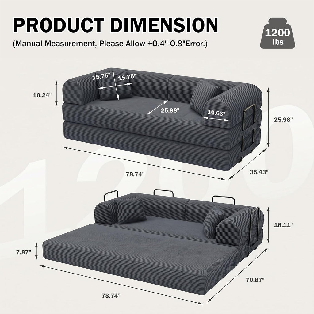 Dark Gray Corduroy 5-in-1 Convertible Floor Sofa Bed