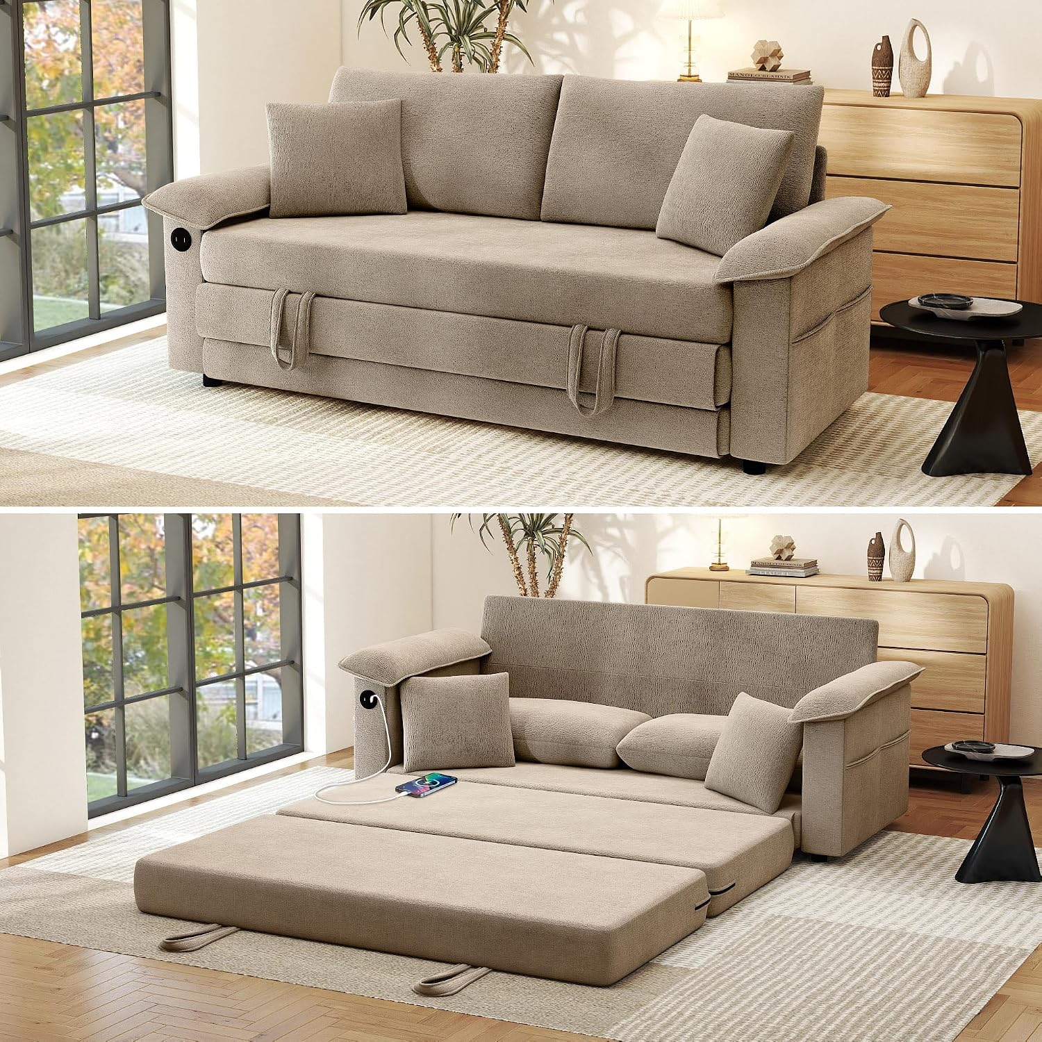 Khaki Chenille Convertible Sofa Bed
