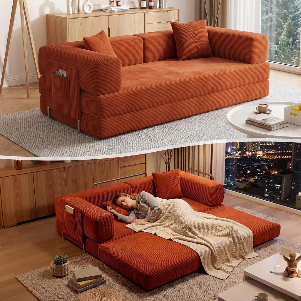 Orange Foldable Corduroy Floor Sofa Bed