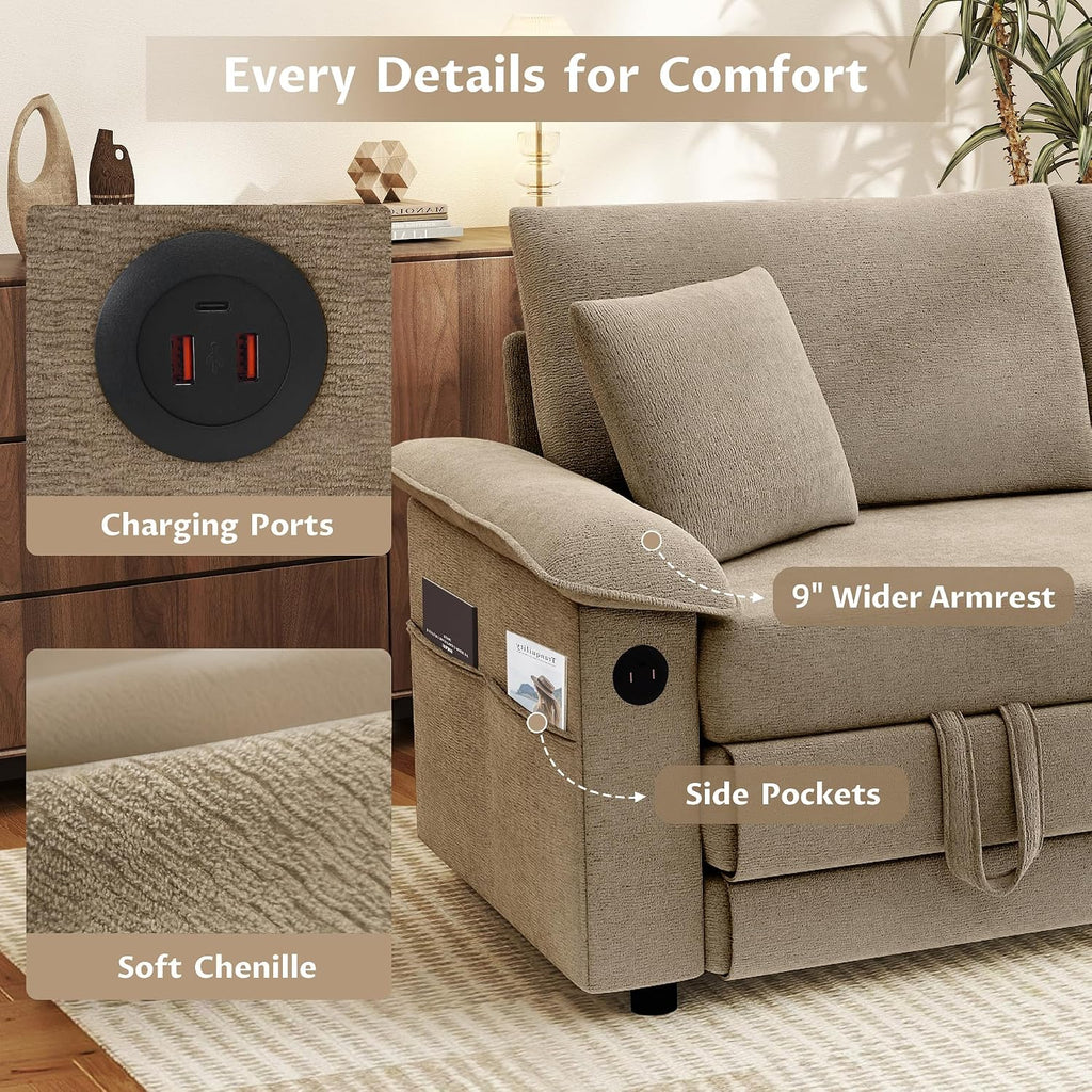 Khaki Chenille Convertible Sofa Bed