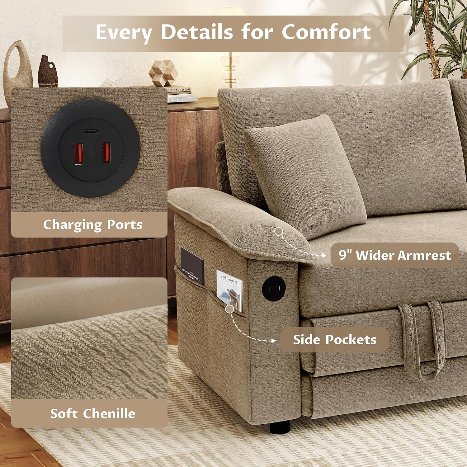 Khaki Chenille Convertible Sofa Bed