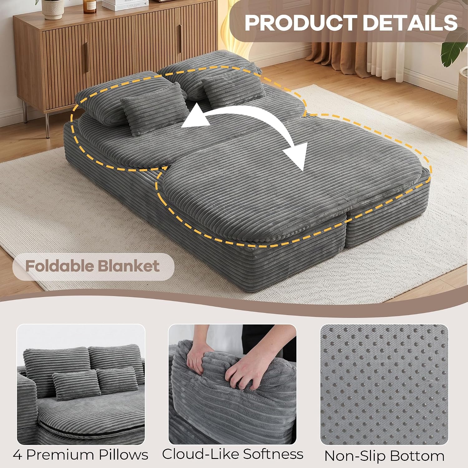 Gray Corduroy Foldable Floor Sofa Bed